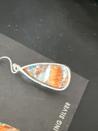 Navajo Blue Turquoise & Orange Spiny Oyster Inlay Dangle Earrings | Sterling Silver | 15583