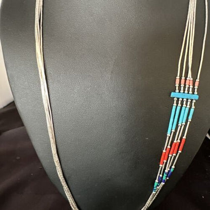 Multi-Color Liquid Silver Heishi 5-Strand Necklace | Sterling Tubes | 25" | 15055