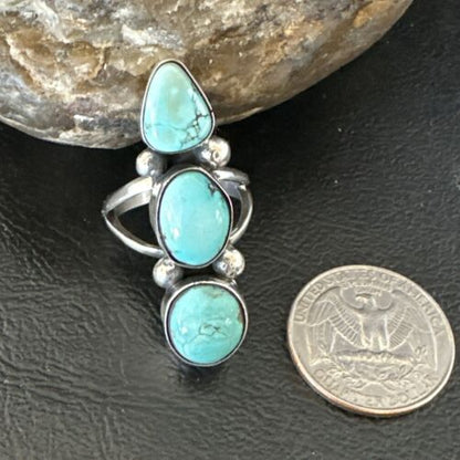 Navajo Blue Dry Creek Turquoise Cluster Ring | Authentic Native American Sterling Silver | Multi-Stone | Sz 8 | 17840