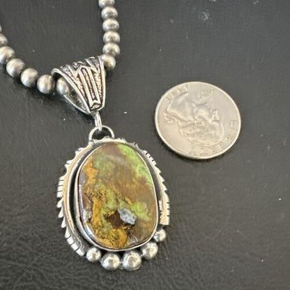 Navajo Green Gaspeite Pendant Necklace | Sterling Silver | Authentic Native American Handmade | 17425