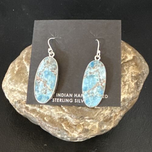 Navajo Blue Turquoise Dangle Earrings | Sterling Silver | Authentic Native American Handmade | 15429
