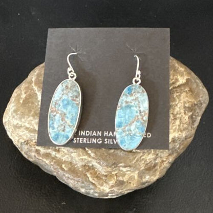 Navajo Blue Turquoise Dangle Earrings | Sterling Silver | Authentic Native American Handmade | 15429