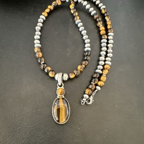 Southwestern Coffee Brown Tiger's Eye Multi-Stone Pendant Necklace | Sterling Silver | 21" | 17052