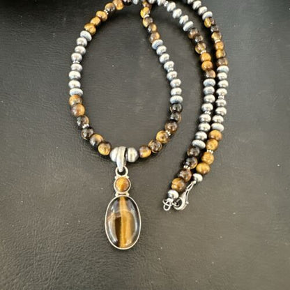 Southwestern Coffee Brown Tiger's Eye Multi-Stone Pendant Necklace | Sterling Silver | 21" | 17052