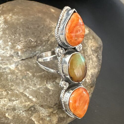 Navajo Green Turquoise Spiny Oyster Multi-Stone Ring | Authentic Native American Sterling Silver | Sz 9.5 | 16715