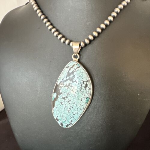 Men's Navajo Blue Spiderweb Turquoise Pendant Necklace | Sterling Silver | Authentic Native American Handmade | 16231