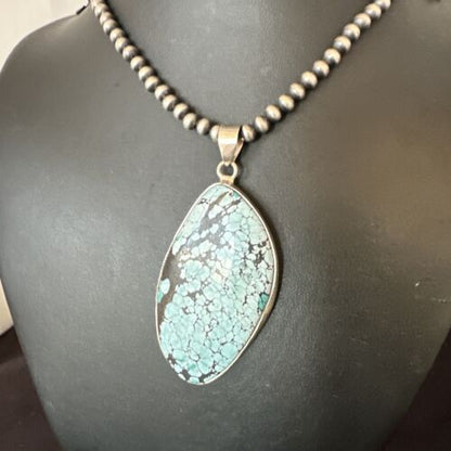 Men's Navajo Blue Spiderweb Turquoise Pendant Necklace | Sterling Silver | Authentic Native American Handmade | 16231