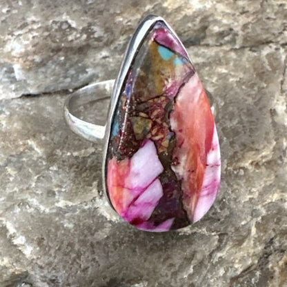 Navajo Turquoise Spiny Oyster Ring | Sterling Silver | Sz 8 | Authentic Native American Handmade | 16624