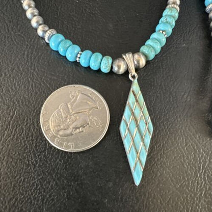 Navajo Blue Turquoise Inlay Pendant | Sterling Silver Necklace | Authentic Native American Handmade | 15421