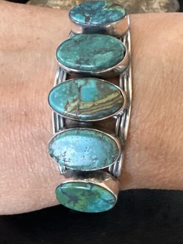 Women's Blue Turquoise 5-Stone Cuff Bracelet | Navajo Sterling Silver | Authentic Native American Jewelry | 16166