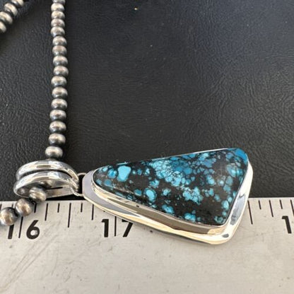 Men's Blue Spiderweb Turquoise Pendant Necklace | Navajo Sterling Silver | Authentic Native American Handmade | 14970