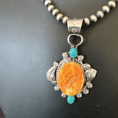 Navajo Orange Spiny Oyster Blue Turquoise Pendant Necklace | Sterling Silver | 20" | 16459
