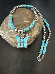 Navajo Butterfly Blue Ridge Turquoise Inlay Pendant | Sterling Silver Necklace | Authentic Native American Handmade | 17059