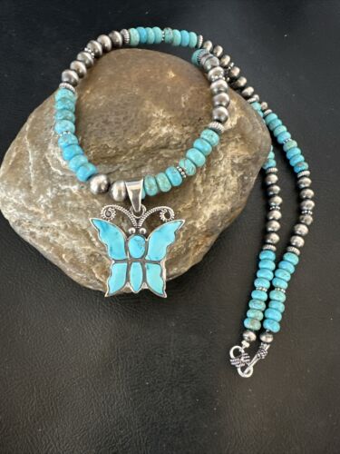 Navajo Butterfly Blue Ridge Turquoise Inlay Pendant | Sterling Silver Necklace | Authentic Native American Handmade | 17059
