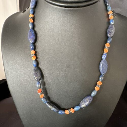 Men's Lapis Lazuli & Spiny Oyster Necklace | Navajo Sterling Silver | 18" | Authentic Native American | 15266