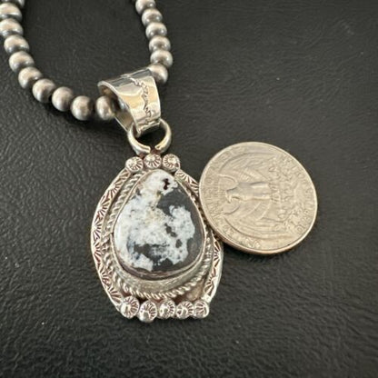 White Buffalo Turquoise Pendant | Navajo Pearls | Sterling Silver Necklace 21" | 17328 - Masha USA