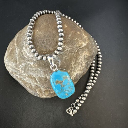 Navajo Blue Kingman Turquoise Pendant Necklace | Sterling Silver | 20" | Authentic Native American Handmade | 16997