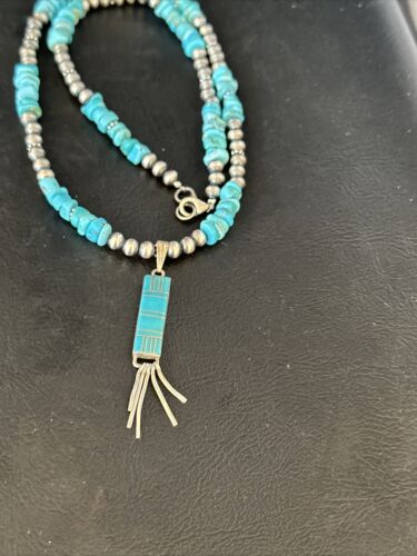 Navajo Kingman Turquoise Pendant Necklace | Sterling Silver | Native American Handmade | 14827