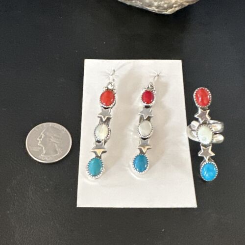 Navajo Coral Mother of Pearl Turquoise Earrings & Ring Set | Sterling Silver | Sz 7 | Authentic Native American Handmade | 15326