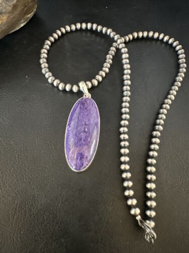 Navajo Pearls Purple Sugilite Pendant Necklace | Sterling Silver Beads | Authentic Native American Handmade | 15513
