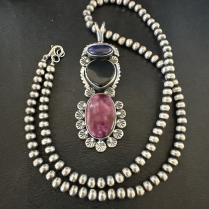 Navajo Black Onyx Purple Spiny 3-Stone Cluster Pendant | Sterling Silver | Authentic Native American Handmade | 17635