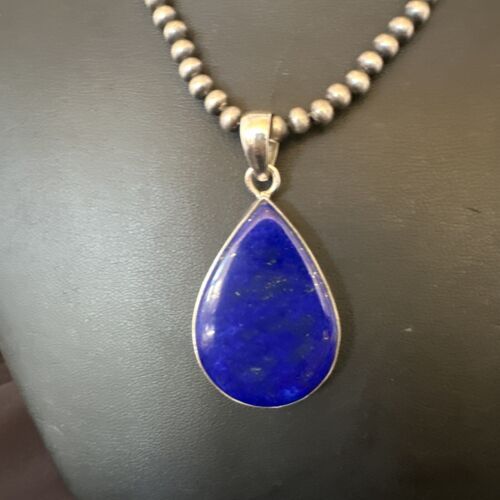 Navajo Blue Lapis Pendant with Pearls | Sterling Silver Necklace | 20" | Authentic Native American Handmade | 16669