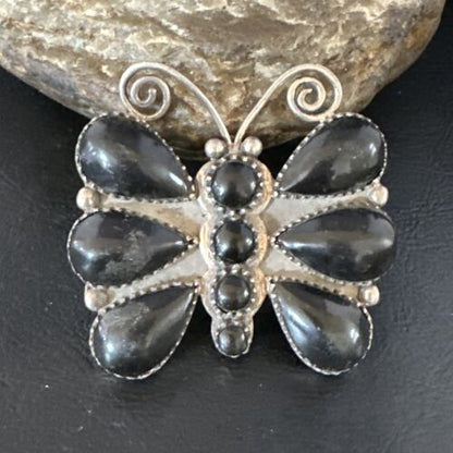 Navajo Black Onyx Butterfly Cluster Pin | Sterling Silver | Authentic Native American Handmade | 15168