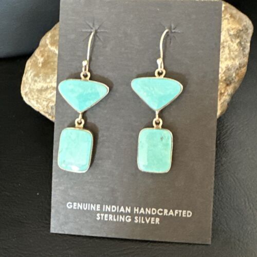 Navajo Blue Kingman Turquoise Dangle Earrings | Sterling Silver | Authentic Native American Handmade | 15121