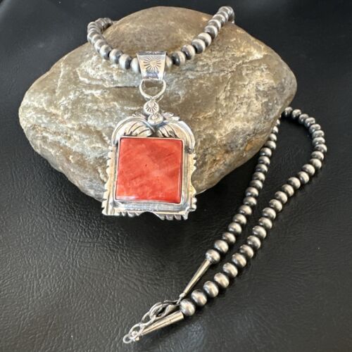 Navajo Red Spiny Oyster Pendant Necklace | Sterling Silver | Authentic Native American Handmade | 16148