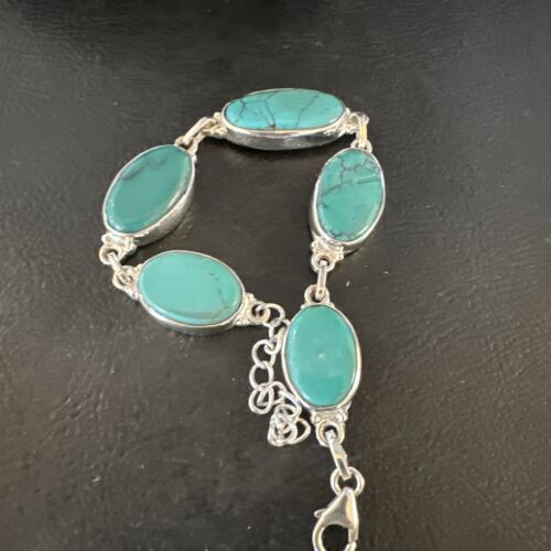 Navajo Blue Turquoise Link Bracelet | Sterling Silver | 8" | Authentic Native American Handmade | 15474