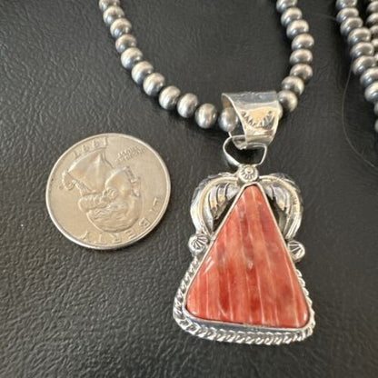 Navajo Red Spiny Oyster Pendant Necklace | Sterling Silver | Authentic Native American Handmade | 16149