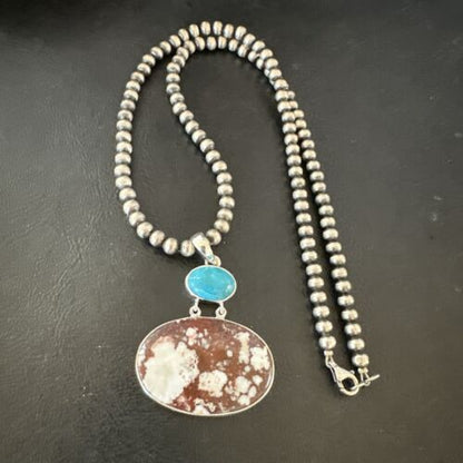 Navajo Wild Horse | Blue Kingman Turquoise Necklace | Sterling Silver | Authentic Native American Handmade | 17305