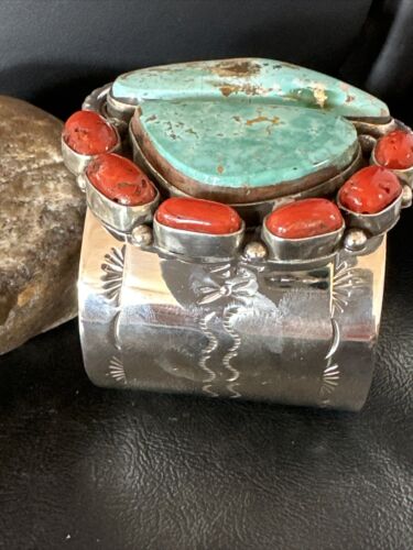Navajo Green Royston Turquoise Coral Cuff Bracelet | Sterling Silver | Authentic Native American Handmade | 15309