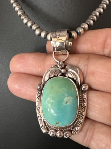 Navajo Pearls Blue Turquoise Necklace Pendant | Sterling Silver | Authentic Native American Handmade | 17390