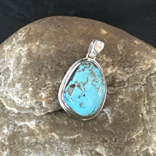 Navajo Blue Bisbee Turquoise Pendant | Sterling Silver | 1" | Authentic Native American Handmade | 17251