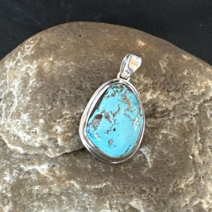 Navajo Blue Bisbee Turquoise Pendant | Sterling Silver | 1" | Authentic Native American Handmade | 17251