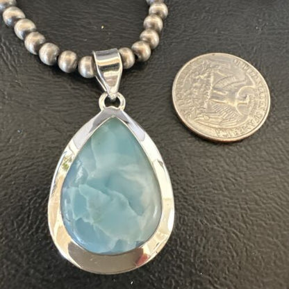 Navajo Blue Larimar Pendant Necklace | Sterling Silver Beads | Authentic Native American Handmade | 17630