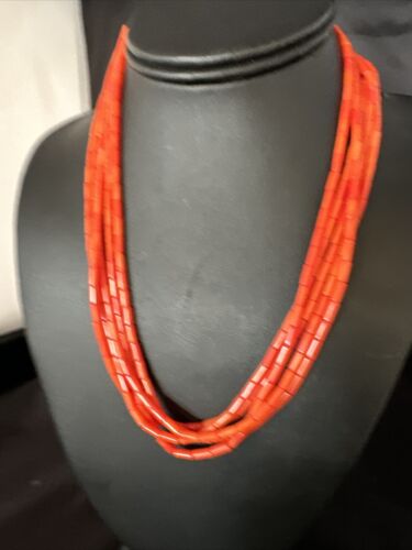 Orange Coral Tube Heishi Bead Necklace | 5 Strand Navajo Sterling Silver | 18" | 15280
