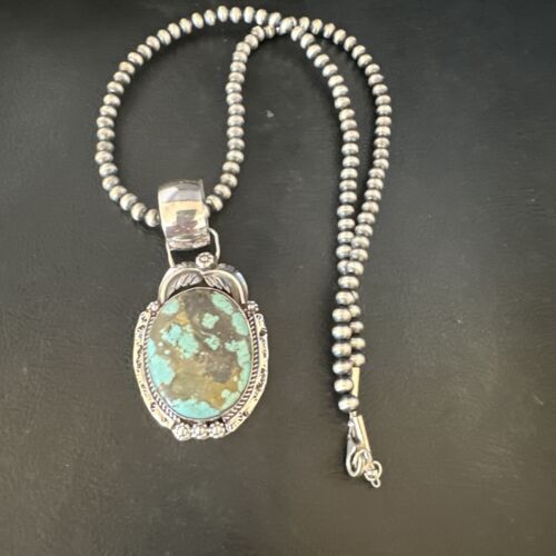 Men's Blue #8 Turquoise Pendant Necklace | Navajo Sterling Silver | Authentic Native American Handmade | 14974
