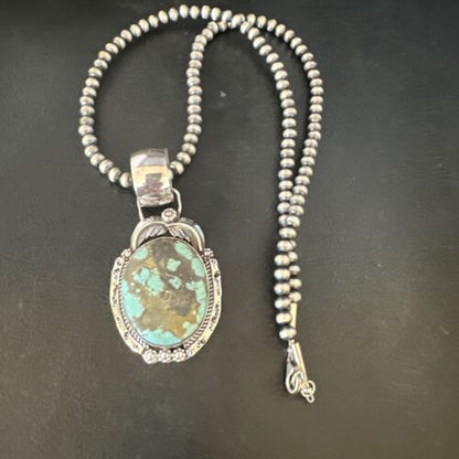 Men's Blue #8 Turquoise Pendant Necklace | Navajo Sterling Silver | Authentic Native American Handmade | 14974