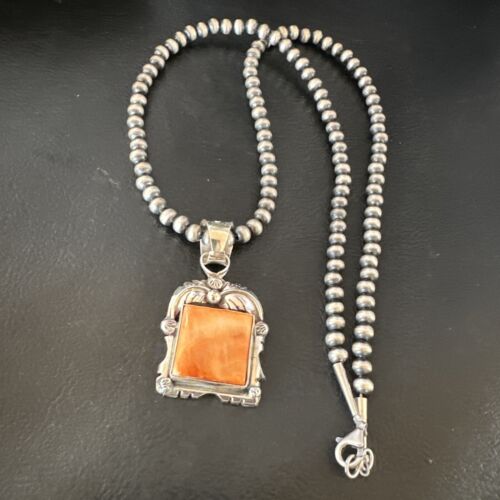 Navajo Orange Spiny Oyster Pendant Necklace | Sterling Silver | 20" | Authentic Native American Handmade | 16142