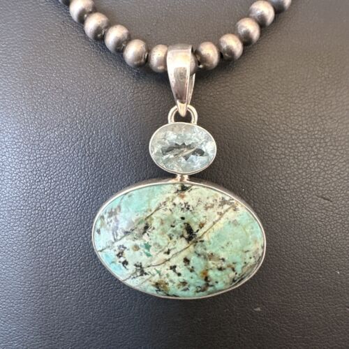 Navajo Dry Creek Turquoise Topaz Pendant Necklace | Sterling Silver | Authentic Native American Handmade | 16442