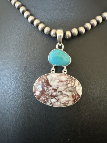 Navajo Wild Horse Blue Kingman Turquoise Necklace | Sterling Silver | Authentic Native American Handmade | 17308