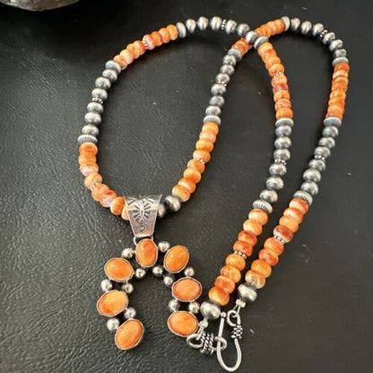 Navajo Pearls Sterling Silver Necklace | Spiny Oyster Cluster Naja Pendant | 17226