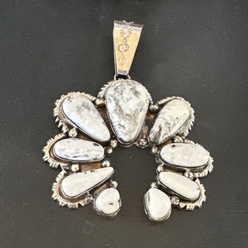 Navajo White Buffalo Turquoise Necklace Naja Pendant | Sterling Silver | Authentic Native American Handmade | 17040