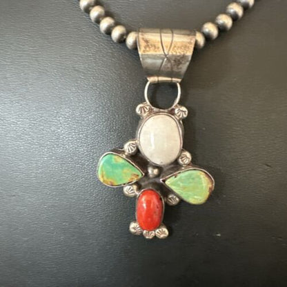 Navajo Green White Turquoise | Coral Pendant Necklace | Sterling Silver | Native American Handmade | 16831
