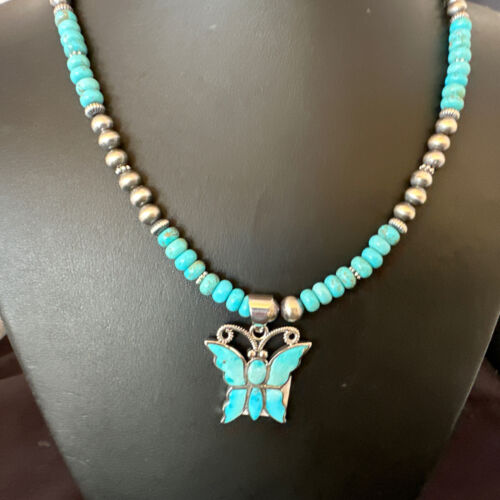 Navajo Butterfly Blue Ridge Turquoise Inlay Pendant Necklace | Sterling Silver | Native American Handmade | 16486