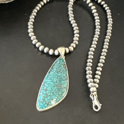 Men's Navajo Blue Spiderweb Turquoise Pendant Necklace | Sterling Silver | Authentic Native American Handmade | 16221