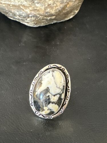White Buffalo Turquoise Navajo Ring | Sterling Silver | Sz 9 | Authentic Native American Handmade | 16388
