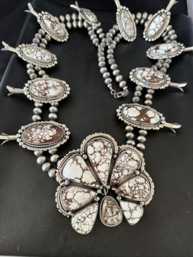 Navajo Wild Horse Turquoise Squash Blossom Necklace | Sterling Silver | 36" | Authentic Native American Handmade | 16756